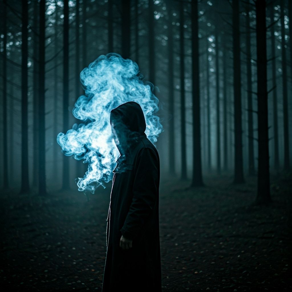 Mysterious Figure in Foggy Forest with Dramatic Lighting