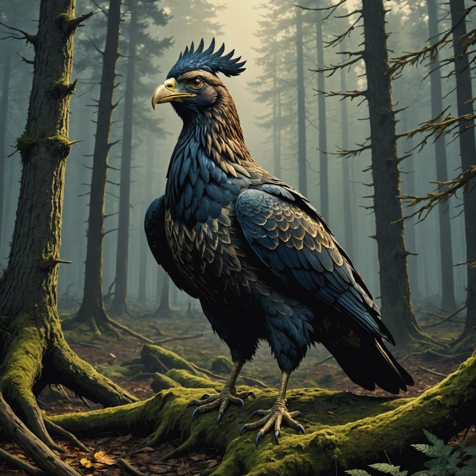 Hybrid Hen-Eagle Creature in Dark Forest