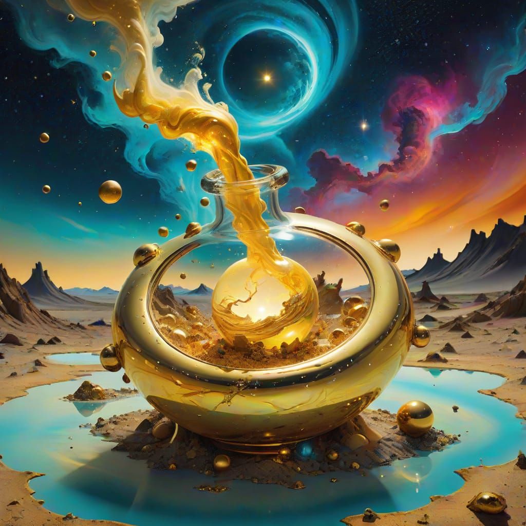 Golden Celestial Potion in Cosmic Dreamscape