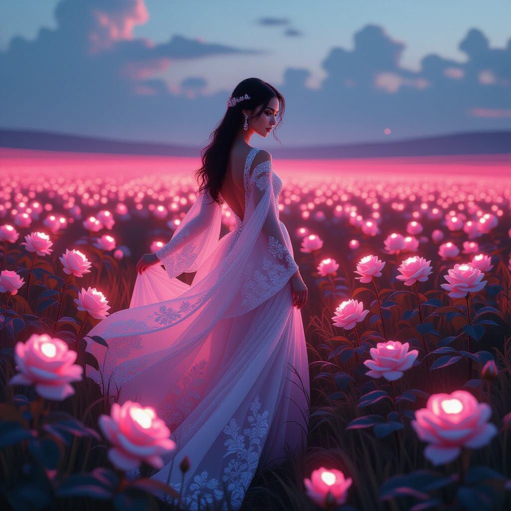 Elegant Woman in Glowing Rose Field with Cinematic Lighting