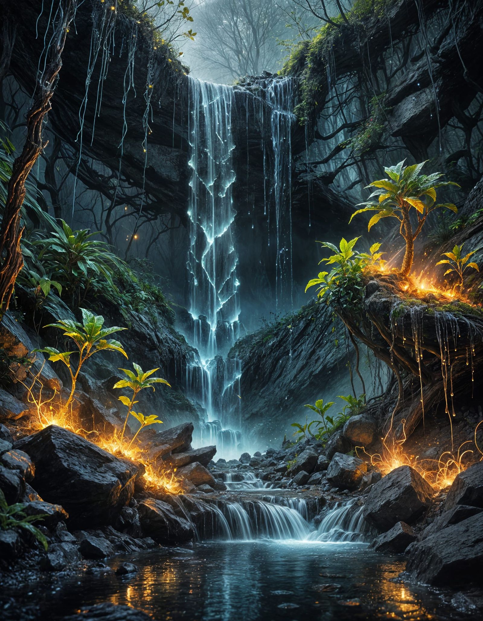 Surreal Glowing Waterfall of Ghostly Flames
