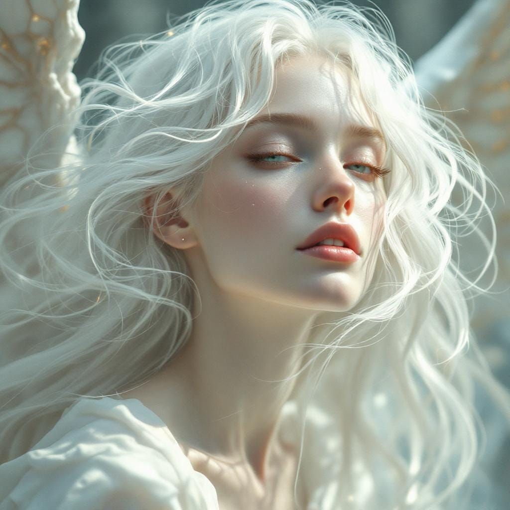 Ethereal Angelic Woman with Flowing White Hair