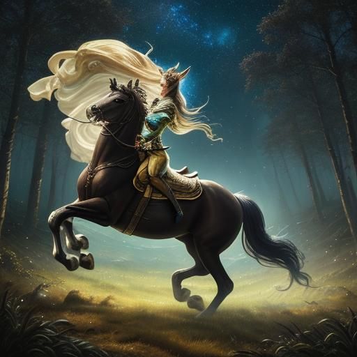 Mystical Horse-Headed Woman in Forest Oil Painting