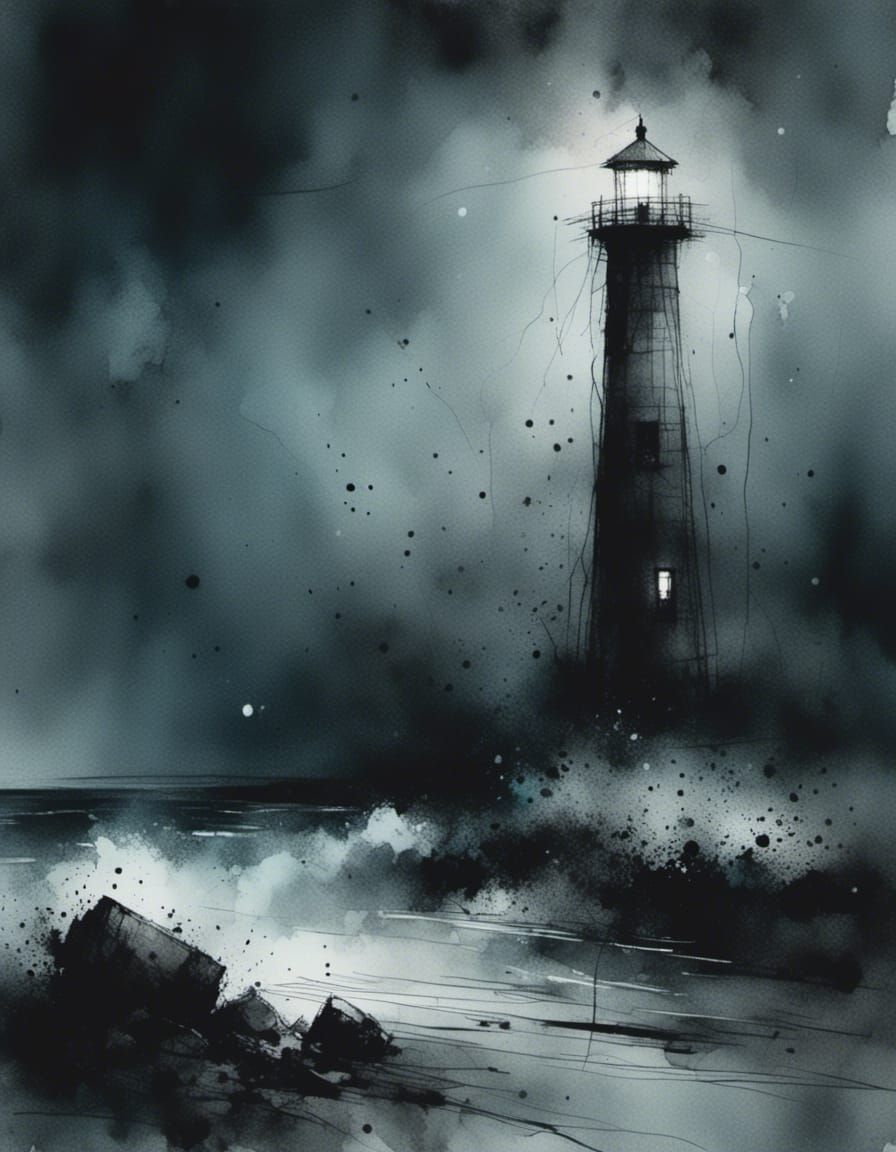 Lighthouse in Stormy Sea: Charcoal and Ink Art