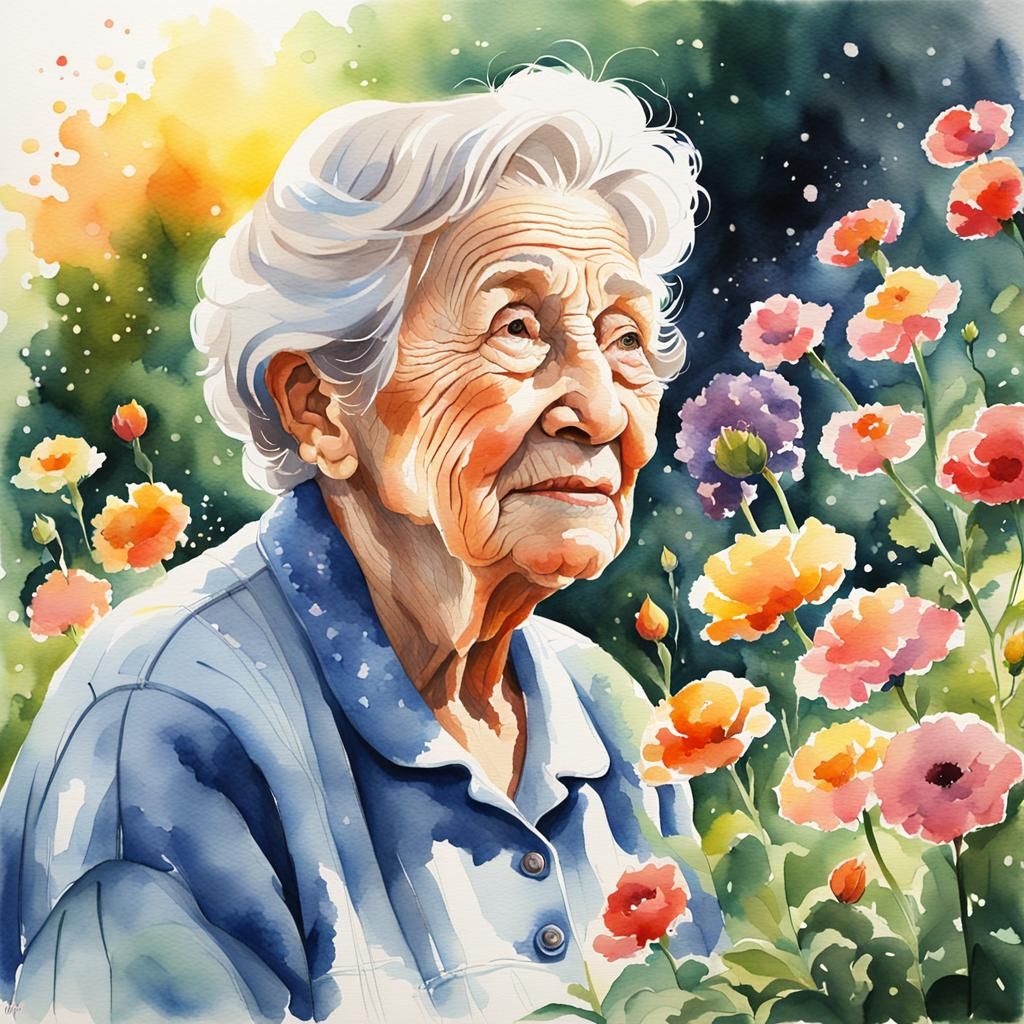 grandmother looking at flowers