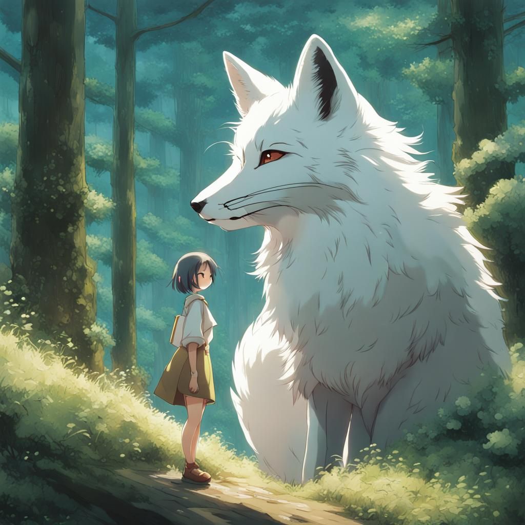Anime White Fox Girl in Ghibli Style