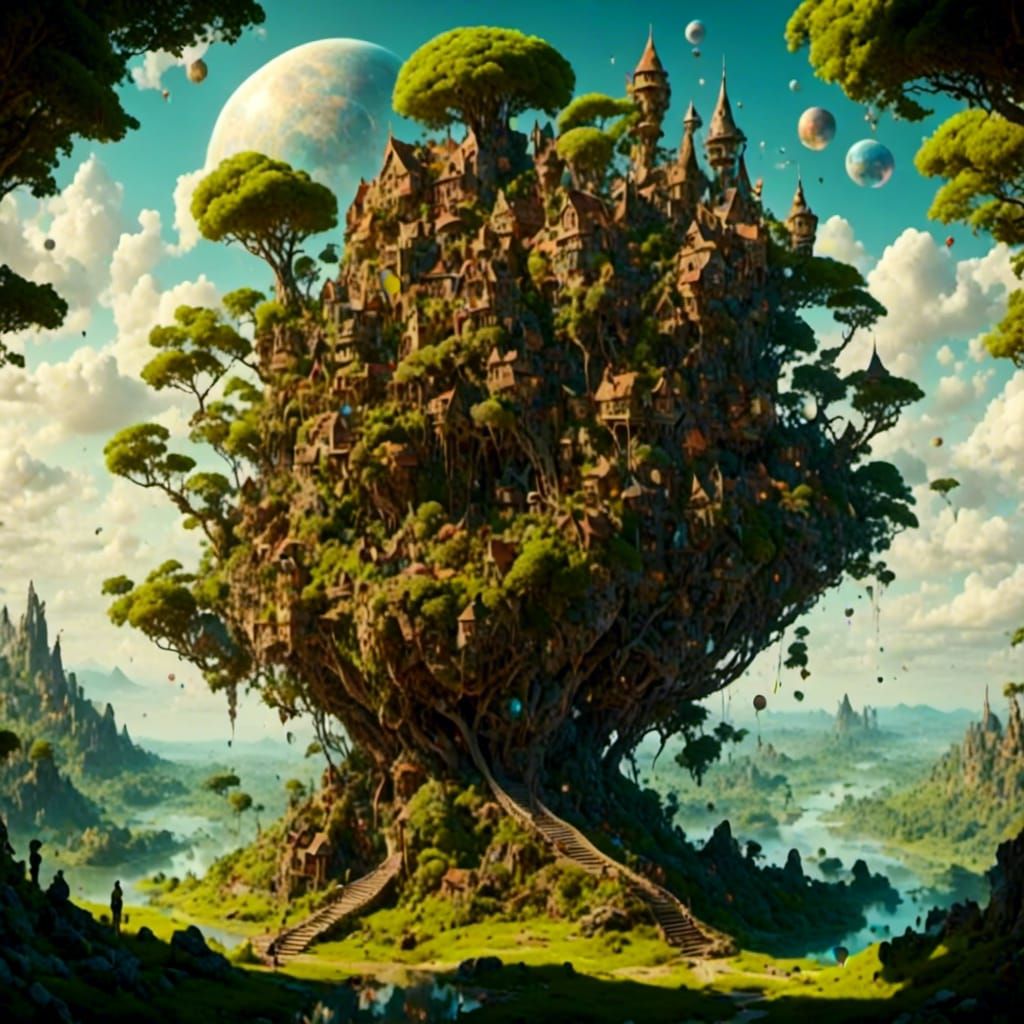 Cosmic World Tree House in Abstract Nightscape