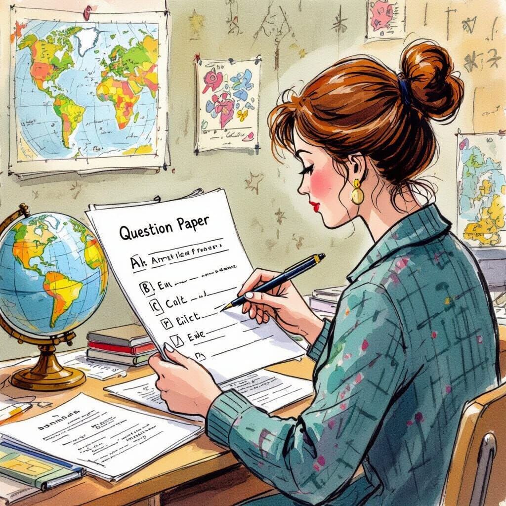 Vintage Classroom Scene with Woman Completing Exam