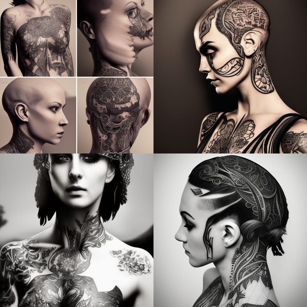 Tattooed Woman Shaved Head in Digital Painting