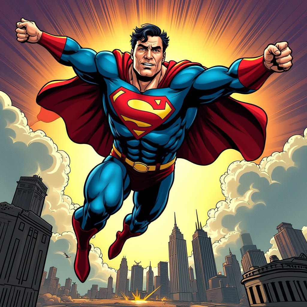 Dynamic Superhero in Mid-Air, City Below, Comic Art Style
