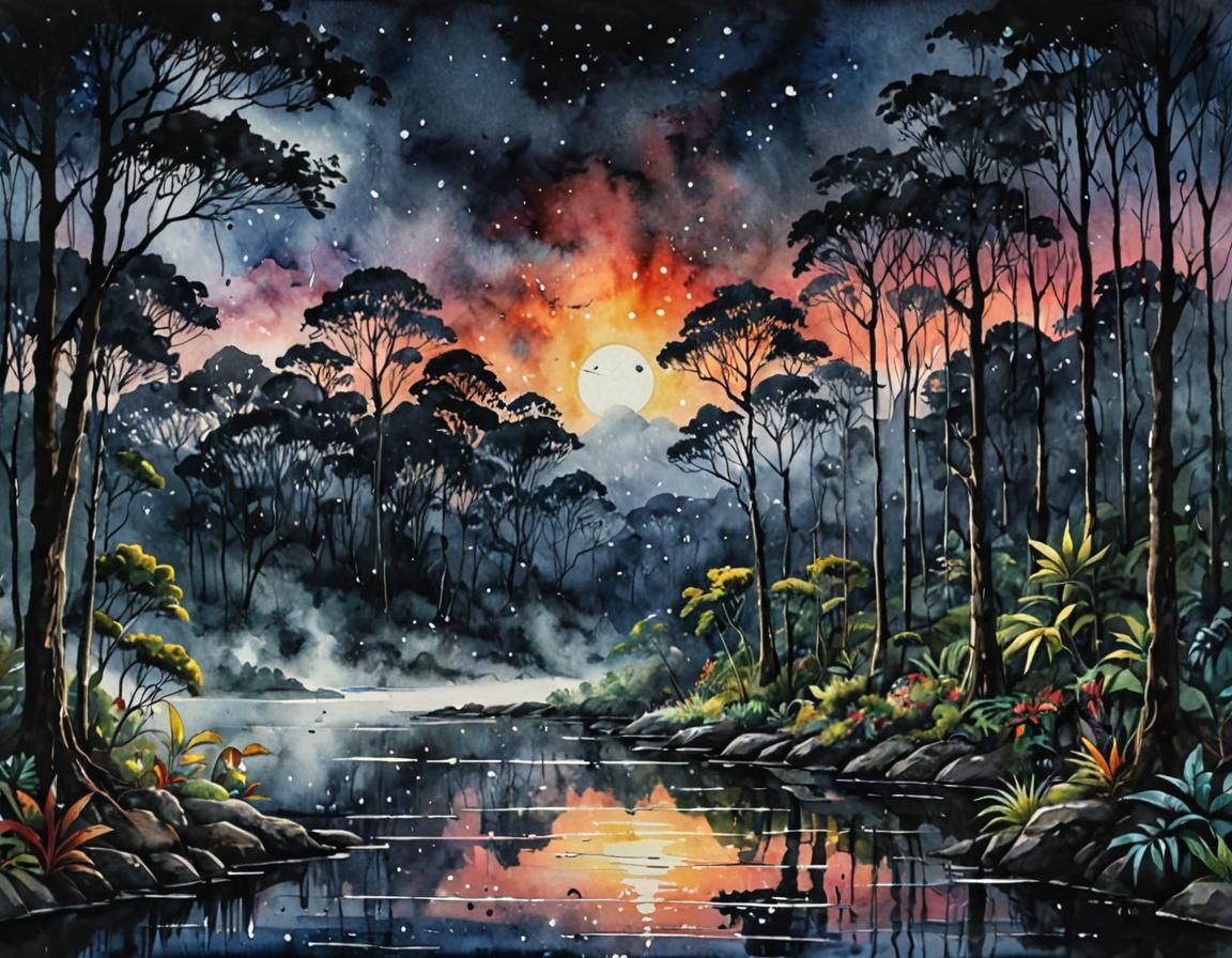 Rainforest Sunset with Blood Moon in Watercolor