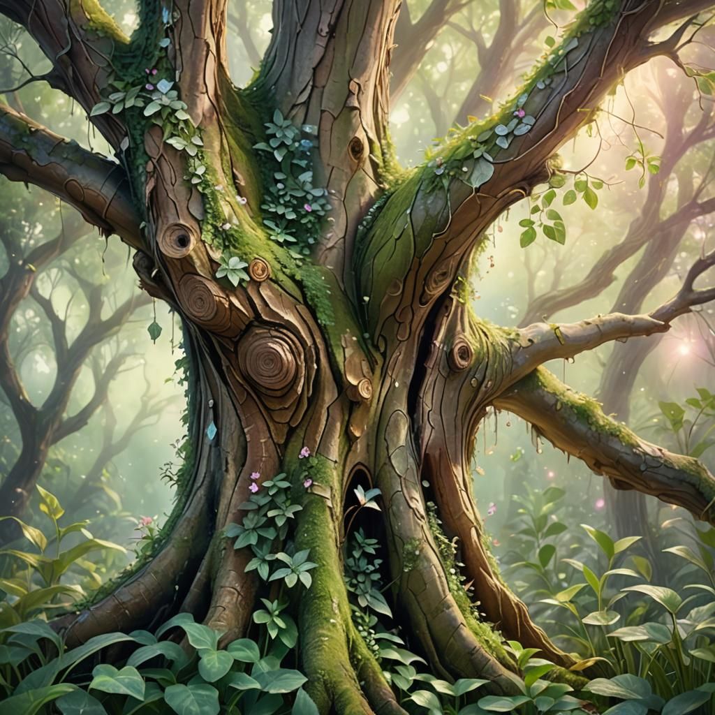 Fairy Emerges From Tree Trunk: Whimsical Digital Art