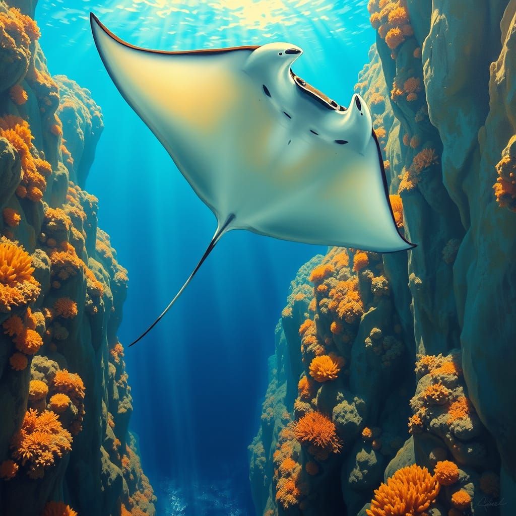 Majestic Manta Ray in Tropical Paradise, Oil Painting Style