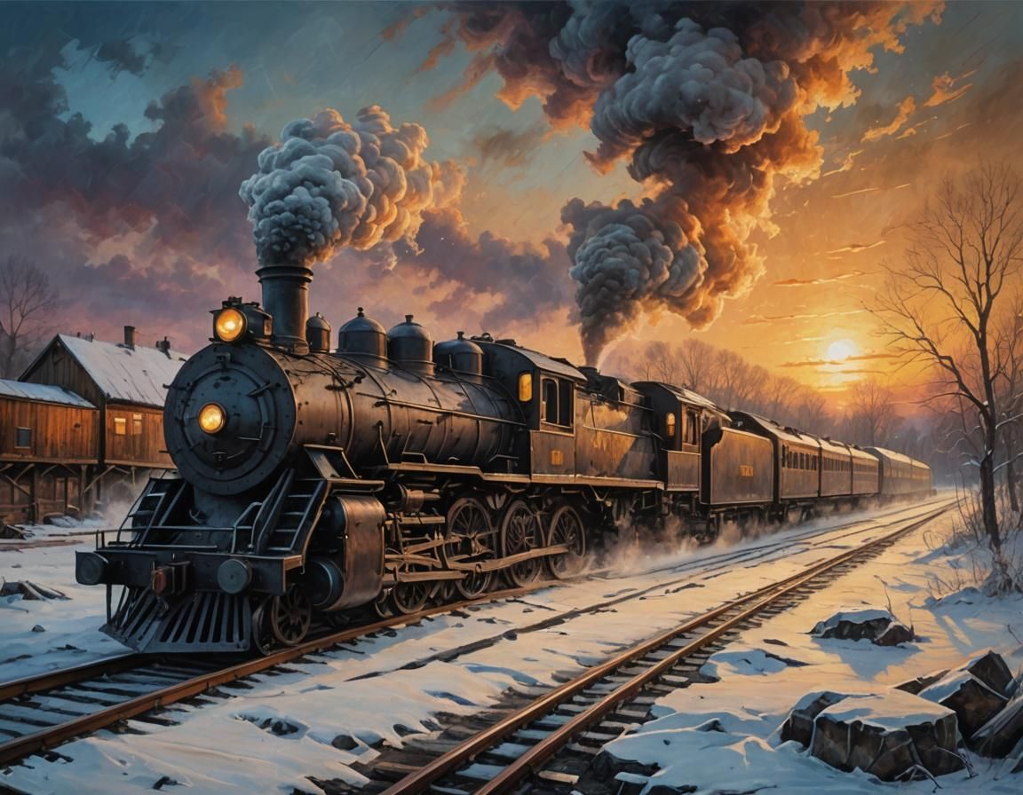 Steam Locomotive at Winter Station: Acrylic Painting