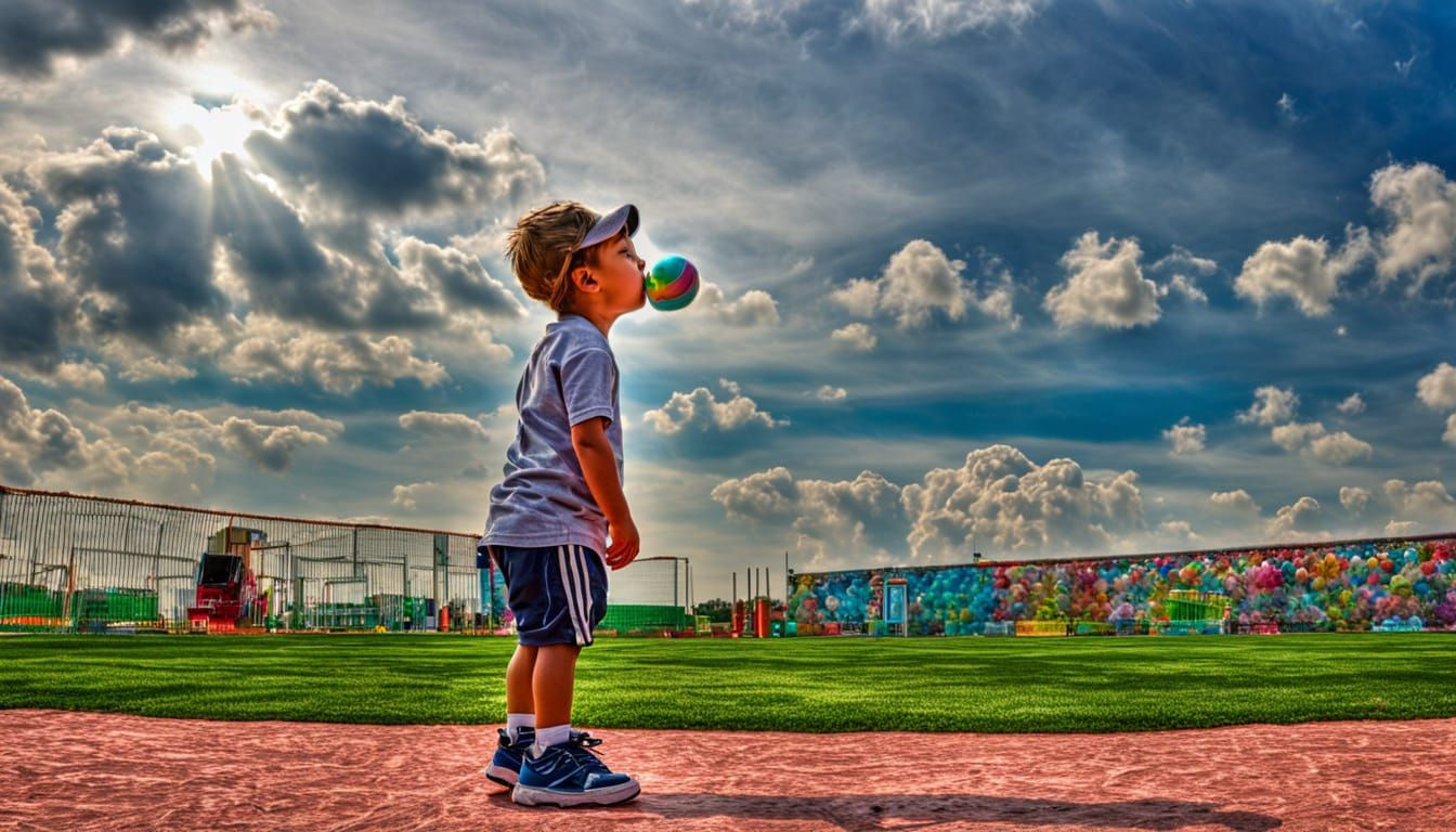 Vibrant HDR Scene of a Kid Blowing a Colorful Bubblegum
