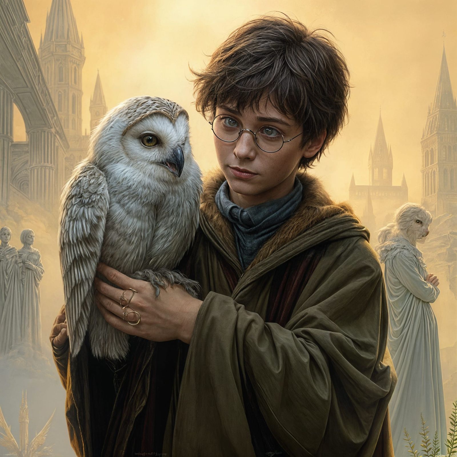 Harry Potter and Hedwig in Oil Painting Style