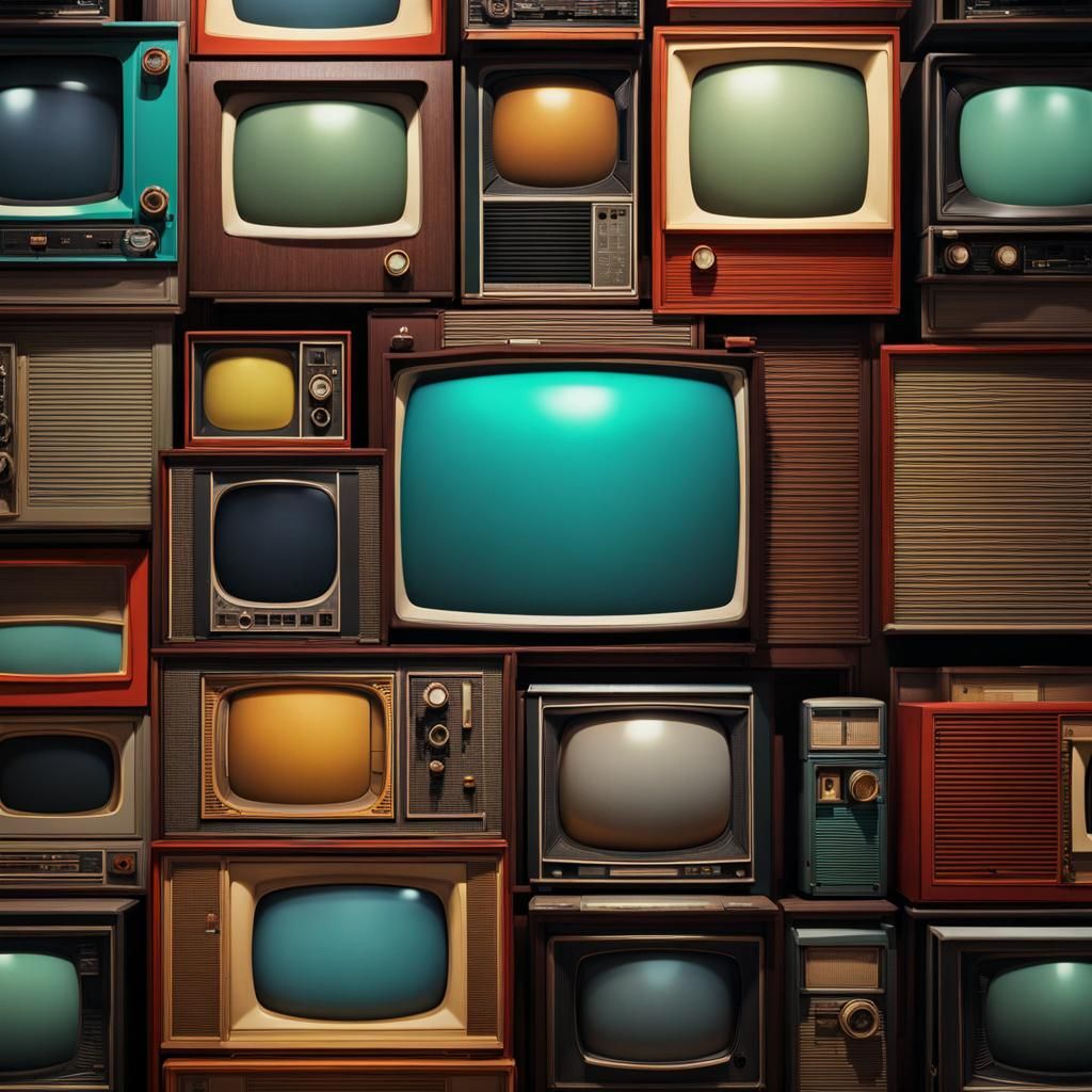 Vintage Televisions Stacked in Museum Gallery