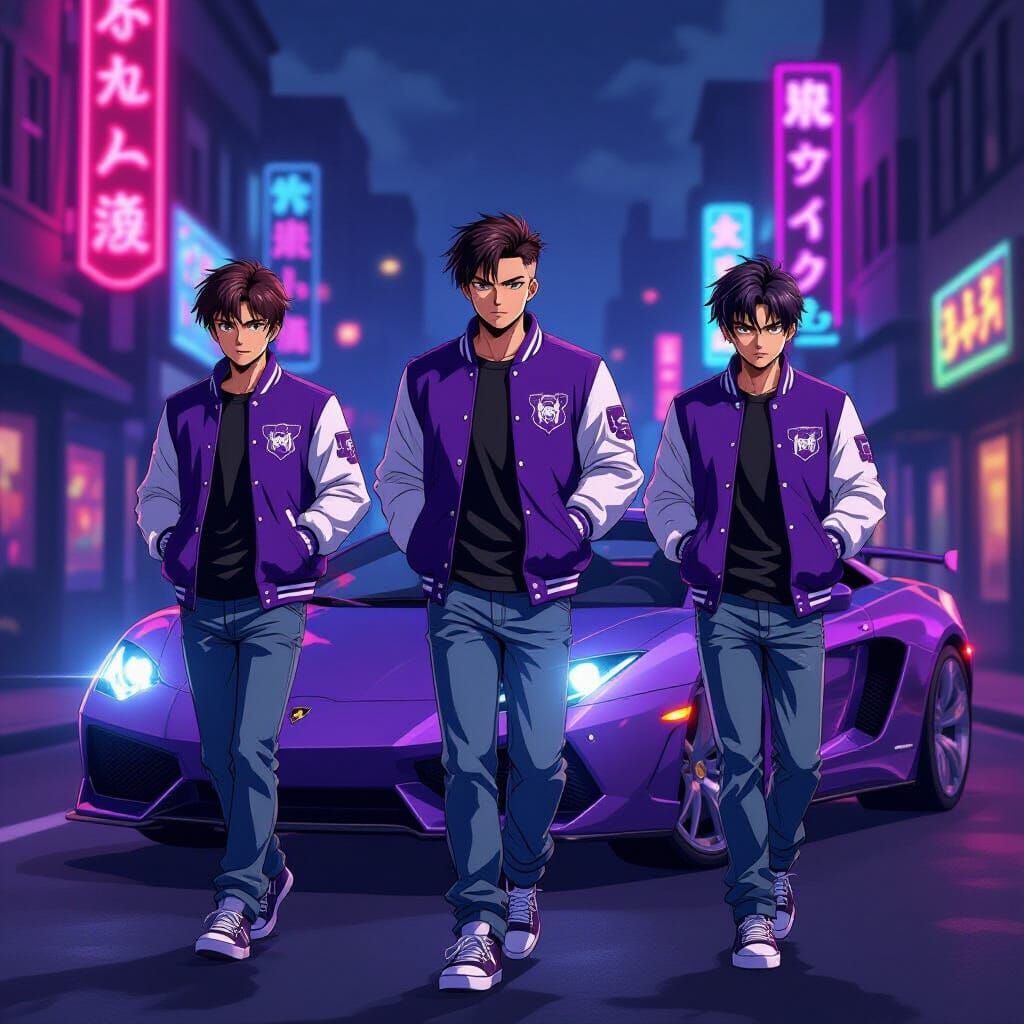 Purple Gang Anime Scene in Neon Cityscape