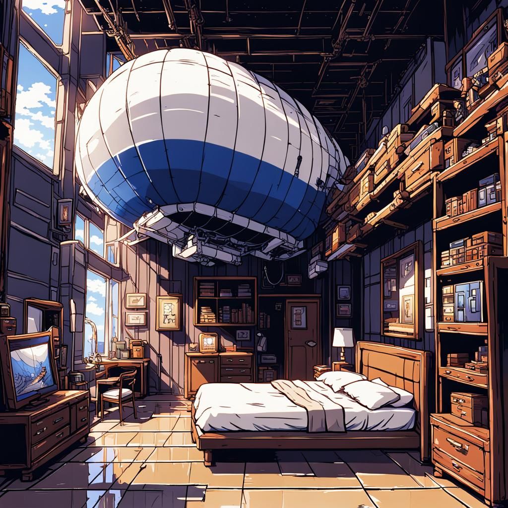 8-Bit Pixel Bedroom with Blimp in Anime Style
