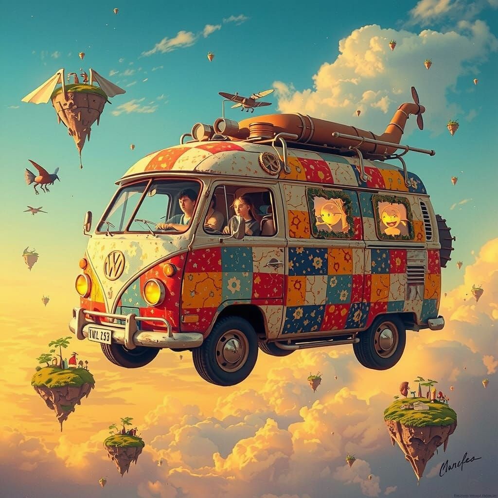 Whimsical Flying Campervan in Painterly Style