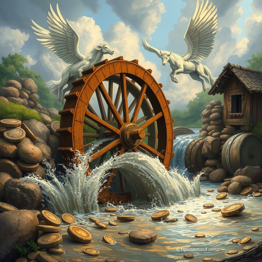 Whimsical Water Wheel Scene with Majestic Pegasi