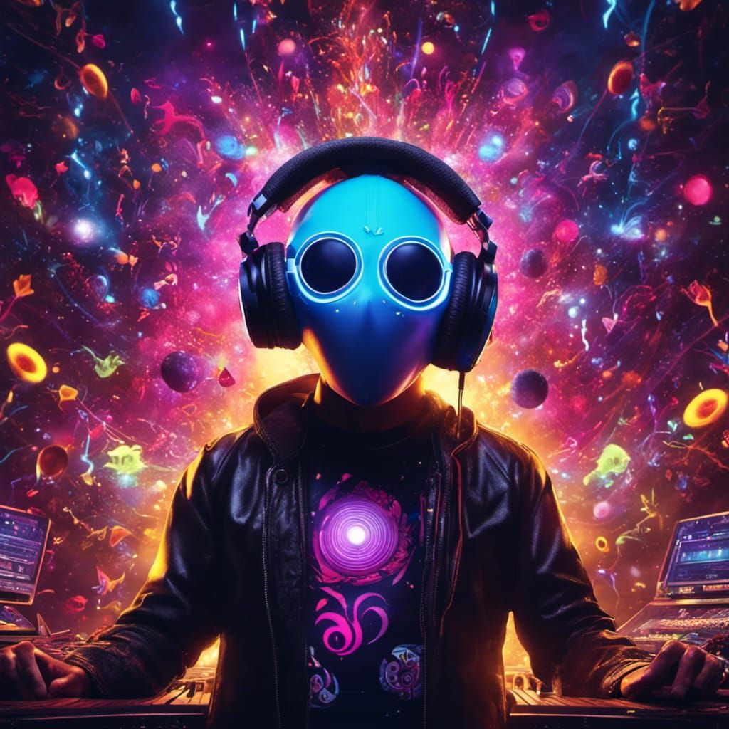Nightclub DJ with Glowing Mask in Surreal Fantasy