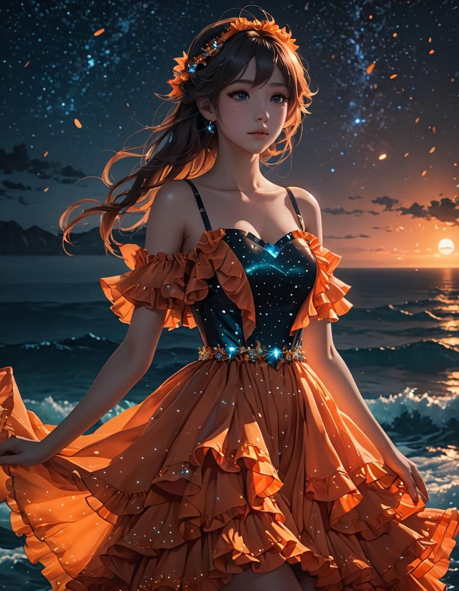 Bioluminescent Ocean View with Orange Dress, in 3D Anime Sty...