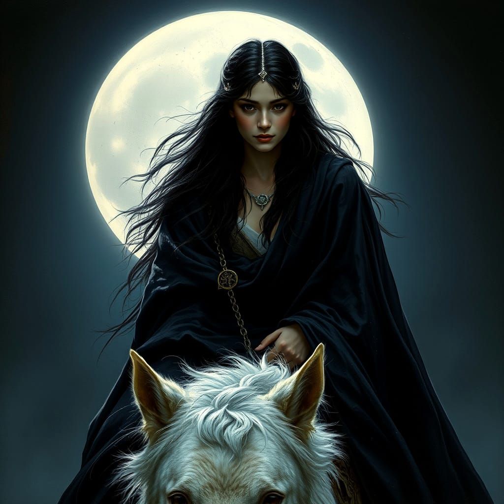 Lúthien and Huan in Moonlight, Hyperrealistic Painting