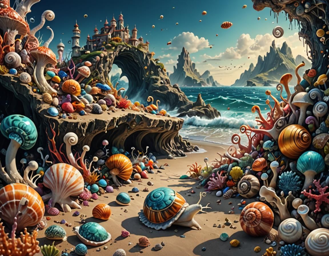 Surreal Shore Landscape with Exotic Sea Creatures