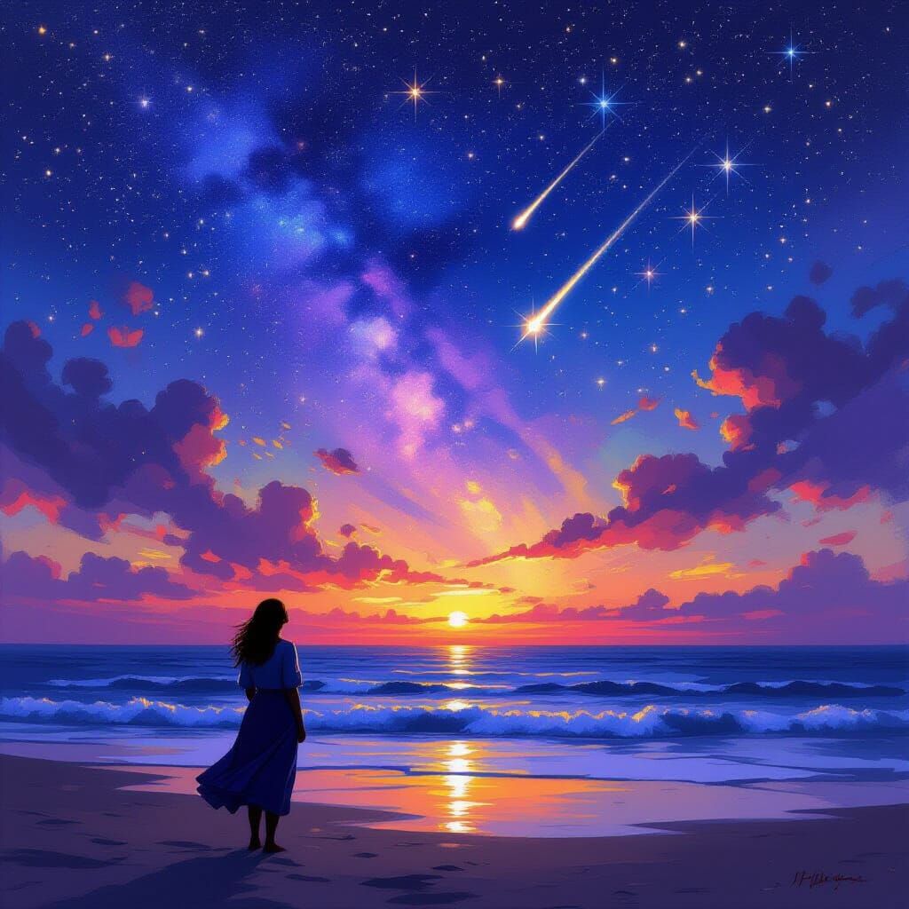 Woman Gazing at Starry Sky in Romantic Style