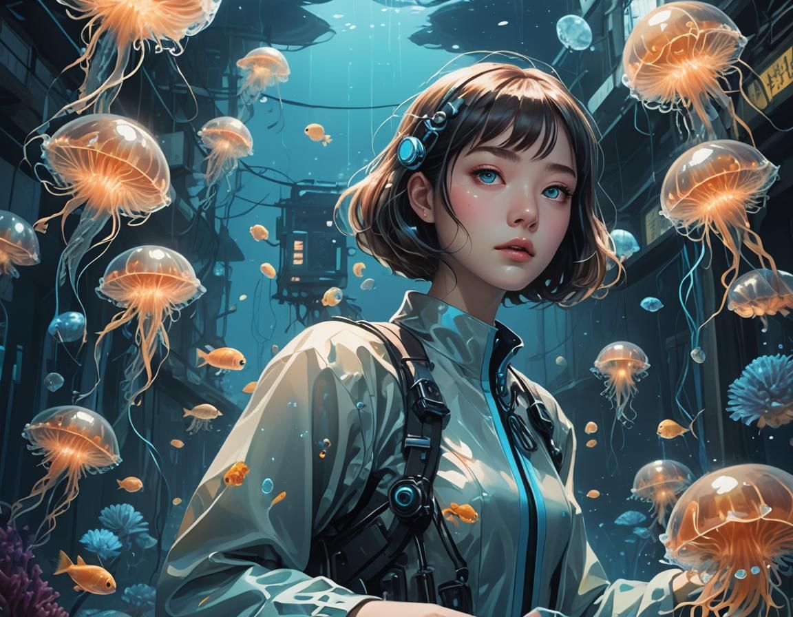Underwater Girl with Bioluminescent Jellyfish
