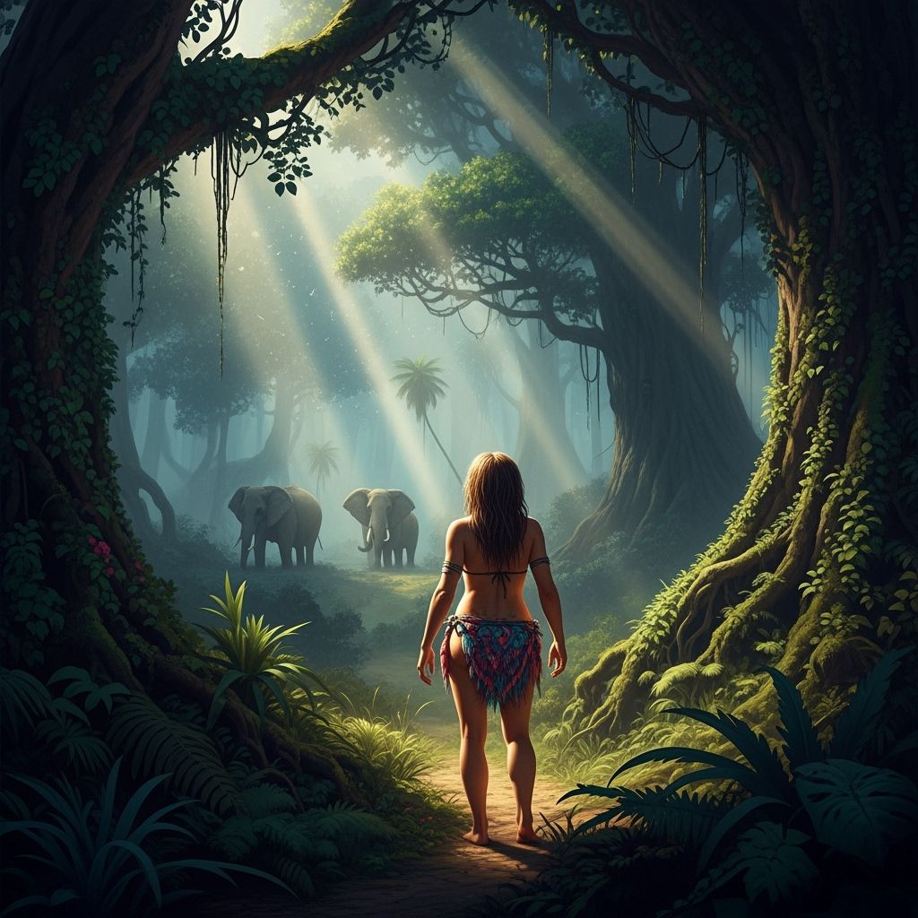 Cave Woman in Tropical Forest with Elephants