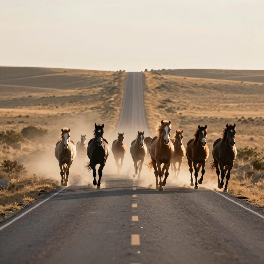 Horses Run Freely Alongside Empty Road in Cinematic Style
