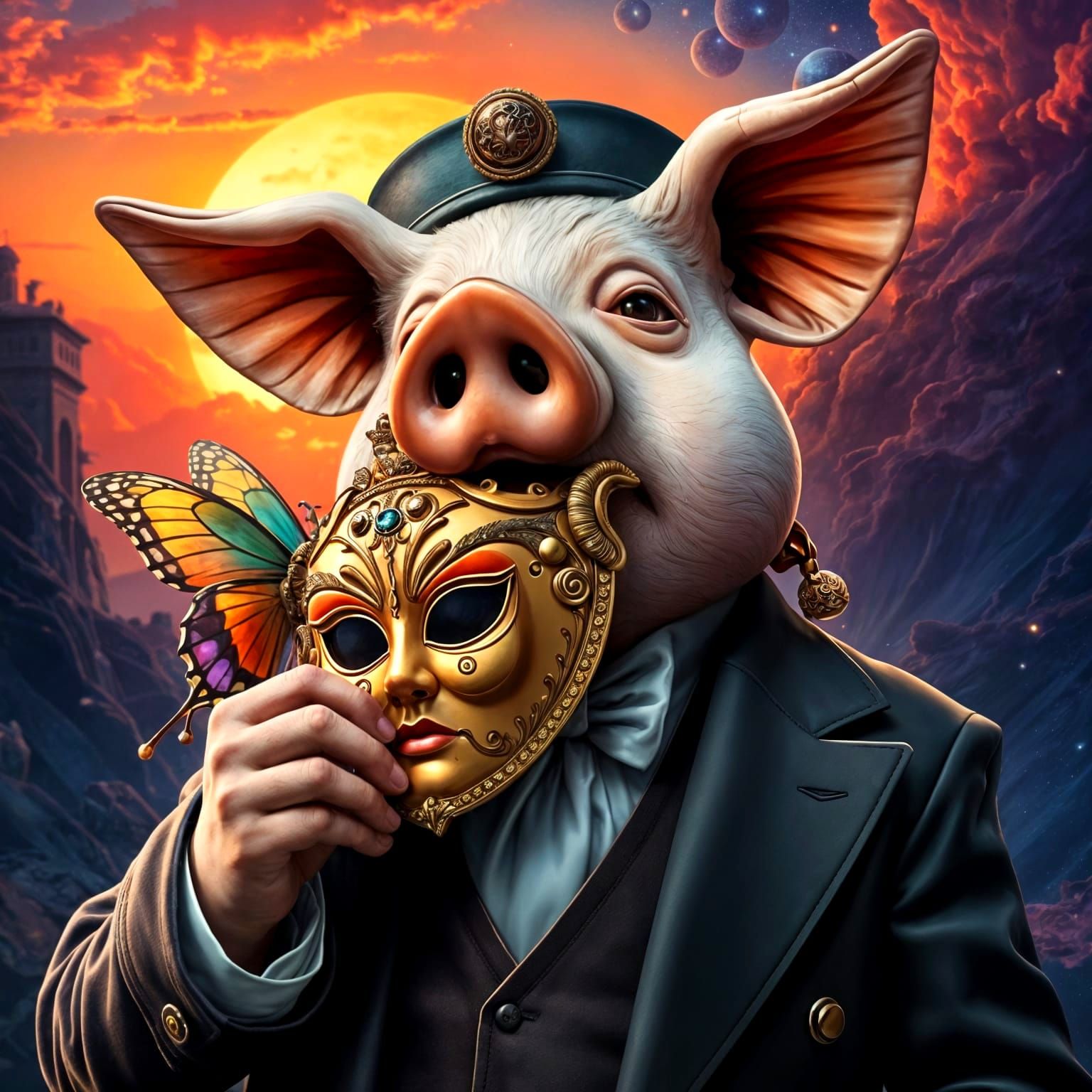 Pig-Headed Man with Butterfly in Dramatic Lighting