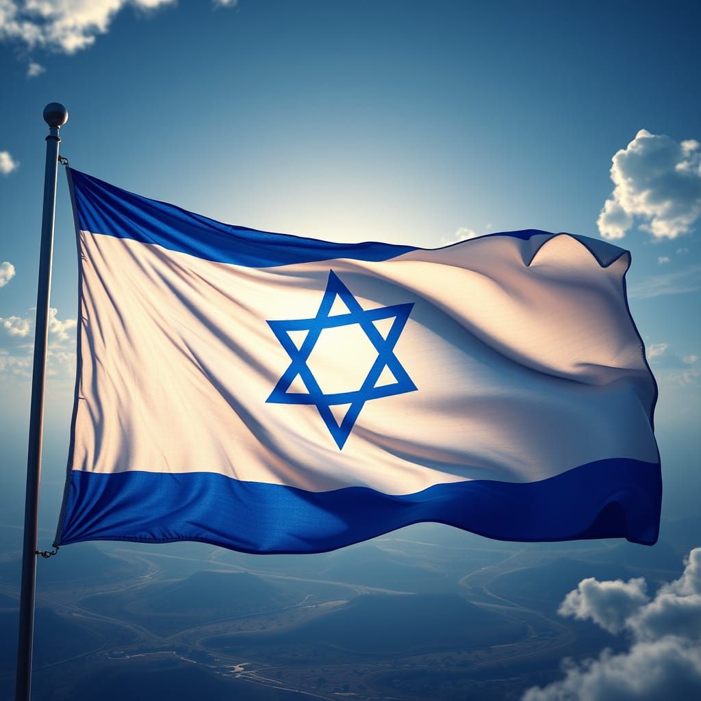 Ethereal Israeli Flag Unfurls in Dreamlike Landscape