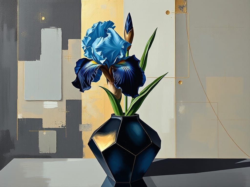 Vibrant Still Life in Goldenpunk Geometric Vase