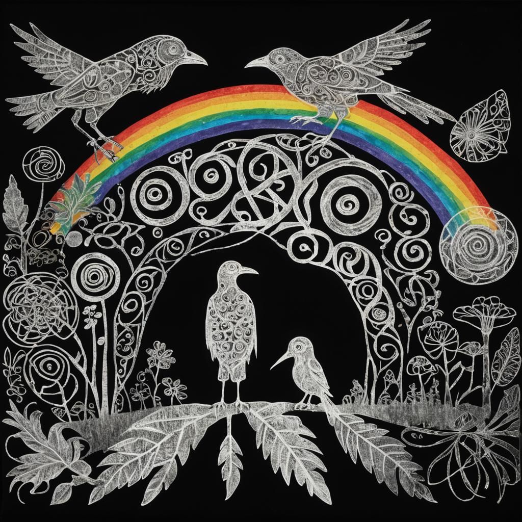 Celtic Raven Silhouette in Crayon with Rayograph Elements