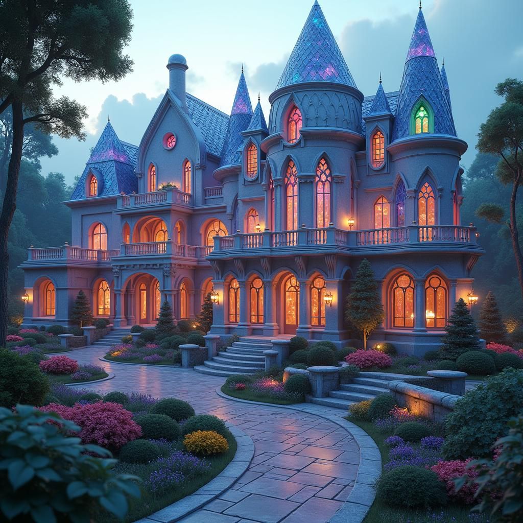 Gemstone Mansion in Mystical Landscape, Hyperrealistic Art