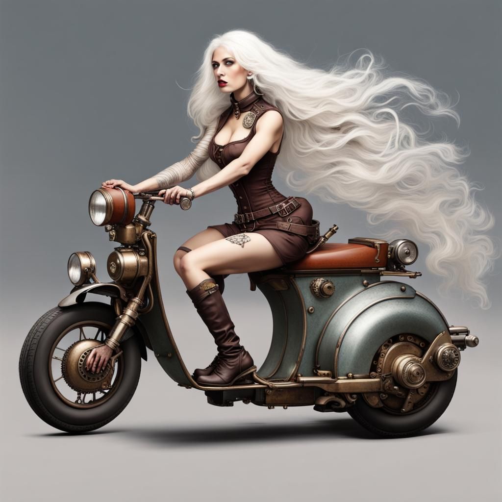 Steampunk Lady Susana Rides a Scooter