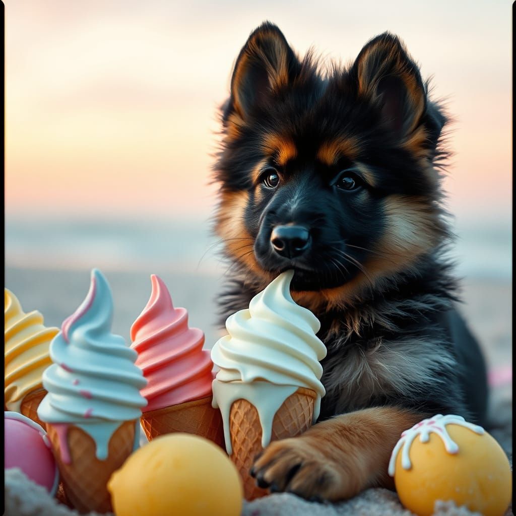 German Shepherd Puppy's Beachside Ice Cream Dream