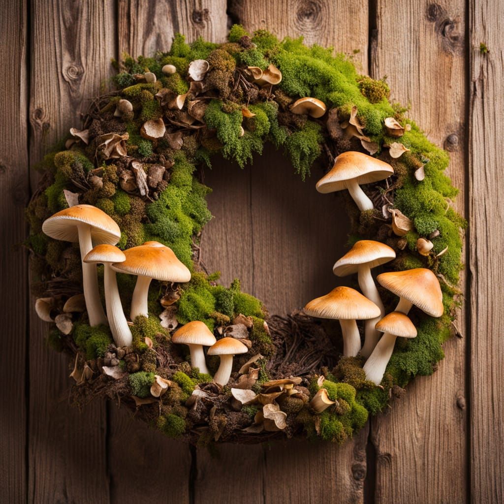 Mushroom Wreath Transforms Wooden Table with Iridescent Beau...