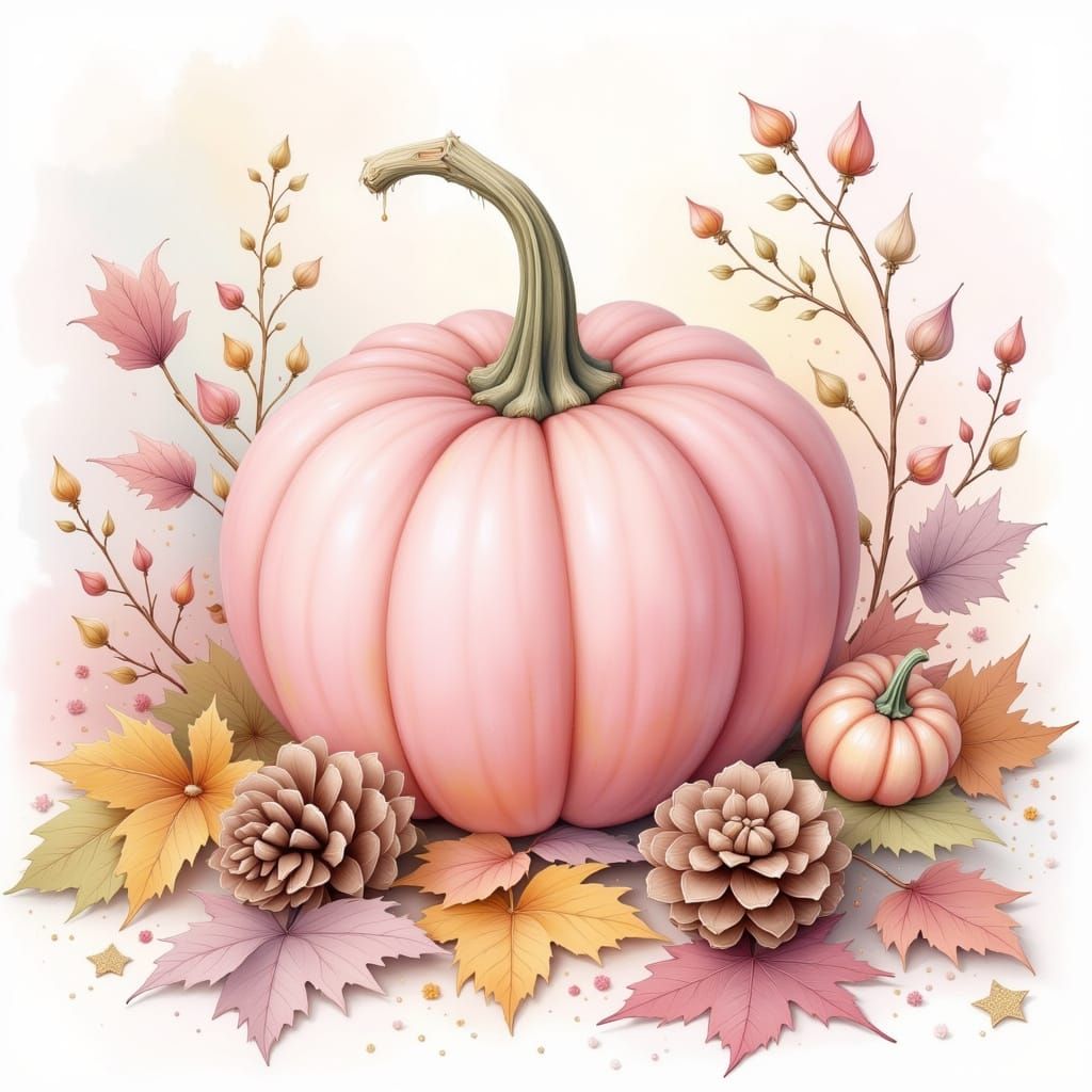 Pink Pumpkin Autumn Scene in Watercolor Style