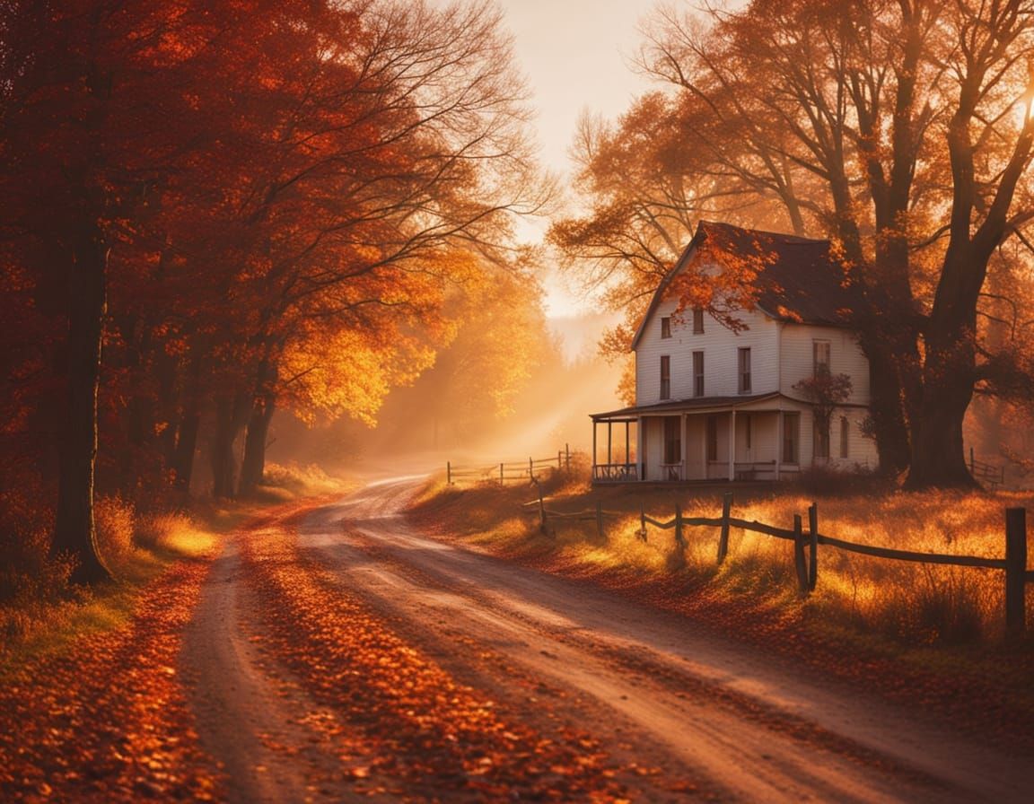 Autumn Road: Golden Light on a Farmhouse Vista