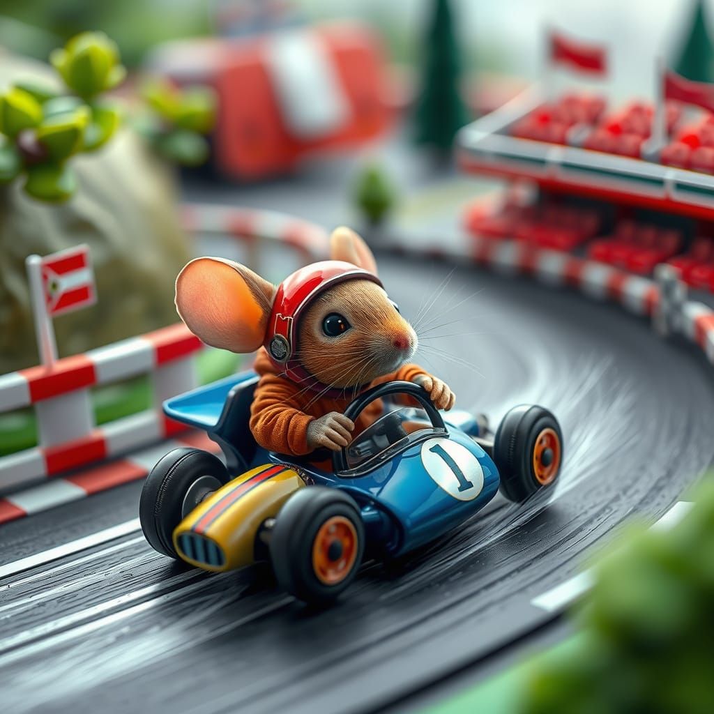 Mouse Driver on Toy Race Track, Hyperrealistic Style
