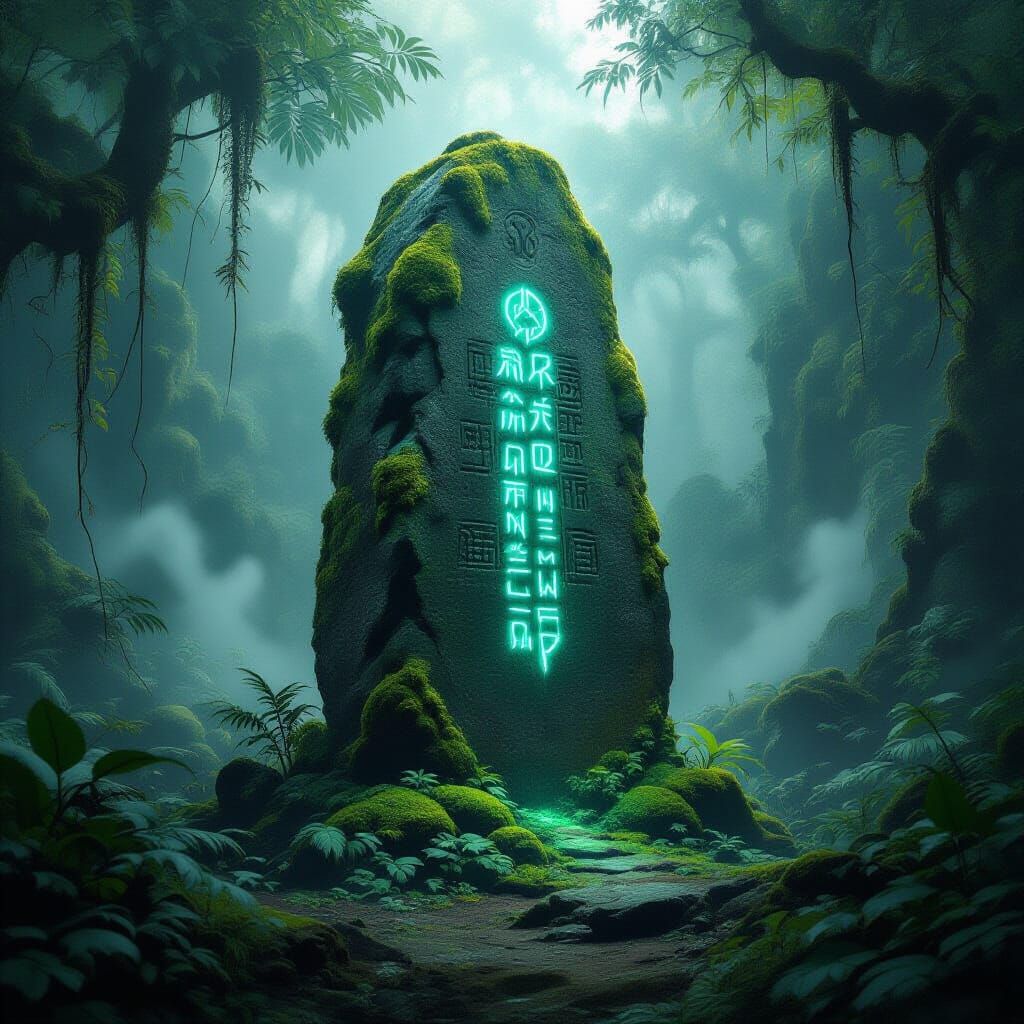 Bioluminescent Monolith in Forgotten Jungle, Digital Art
