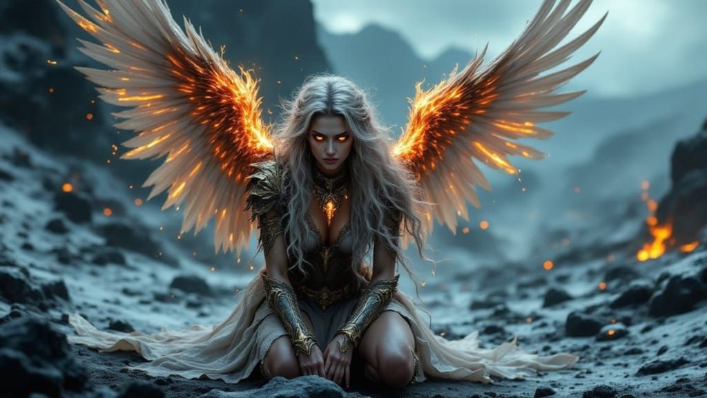 Dark Angel Kneeling on Battlefield