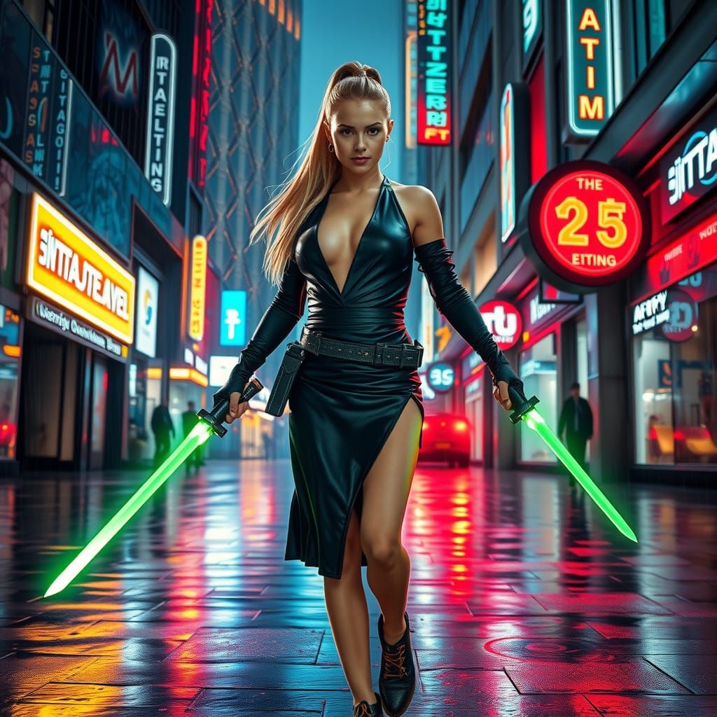 Cyberpunk Warrior in Neon Alley with Plasma Swords