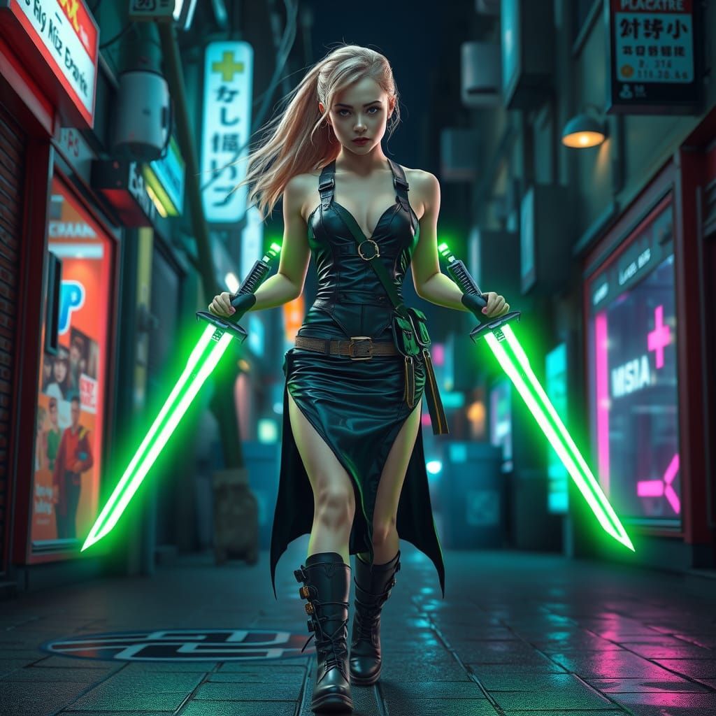Cyberpunk Warrior Strides Through Neon Alley with Plasma Swo...