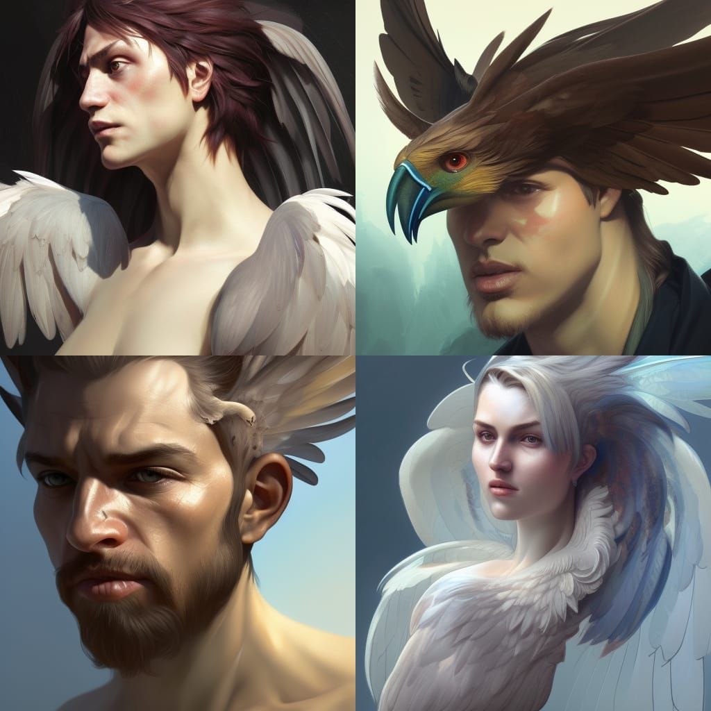 Detailed Male Harpy Portrait in Art Nouveau Style