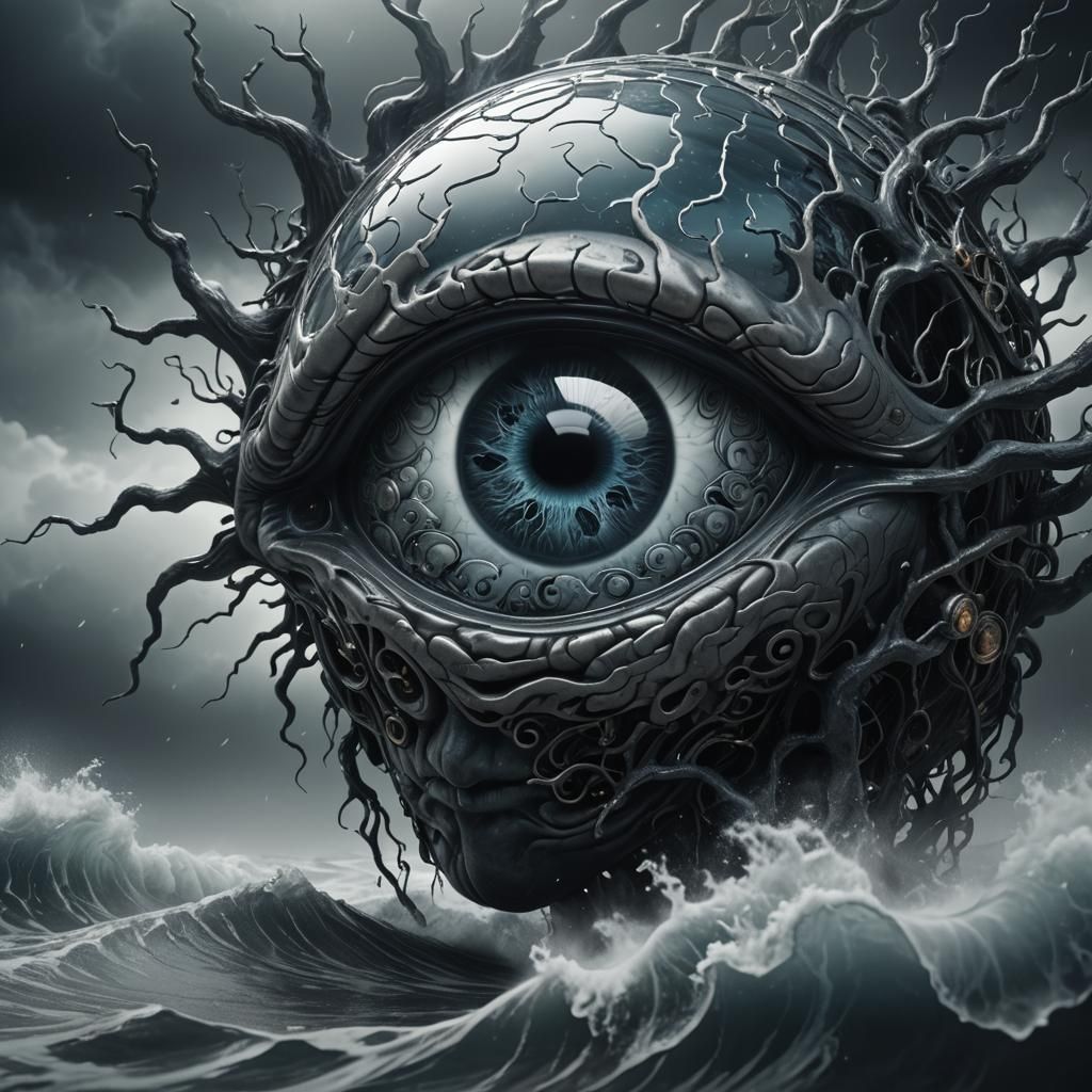 Glass 'A' Shape with Eye and Brain in Dark Fantasy